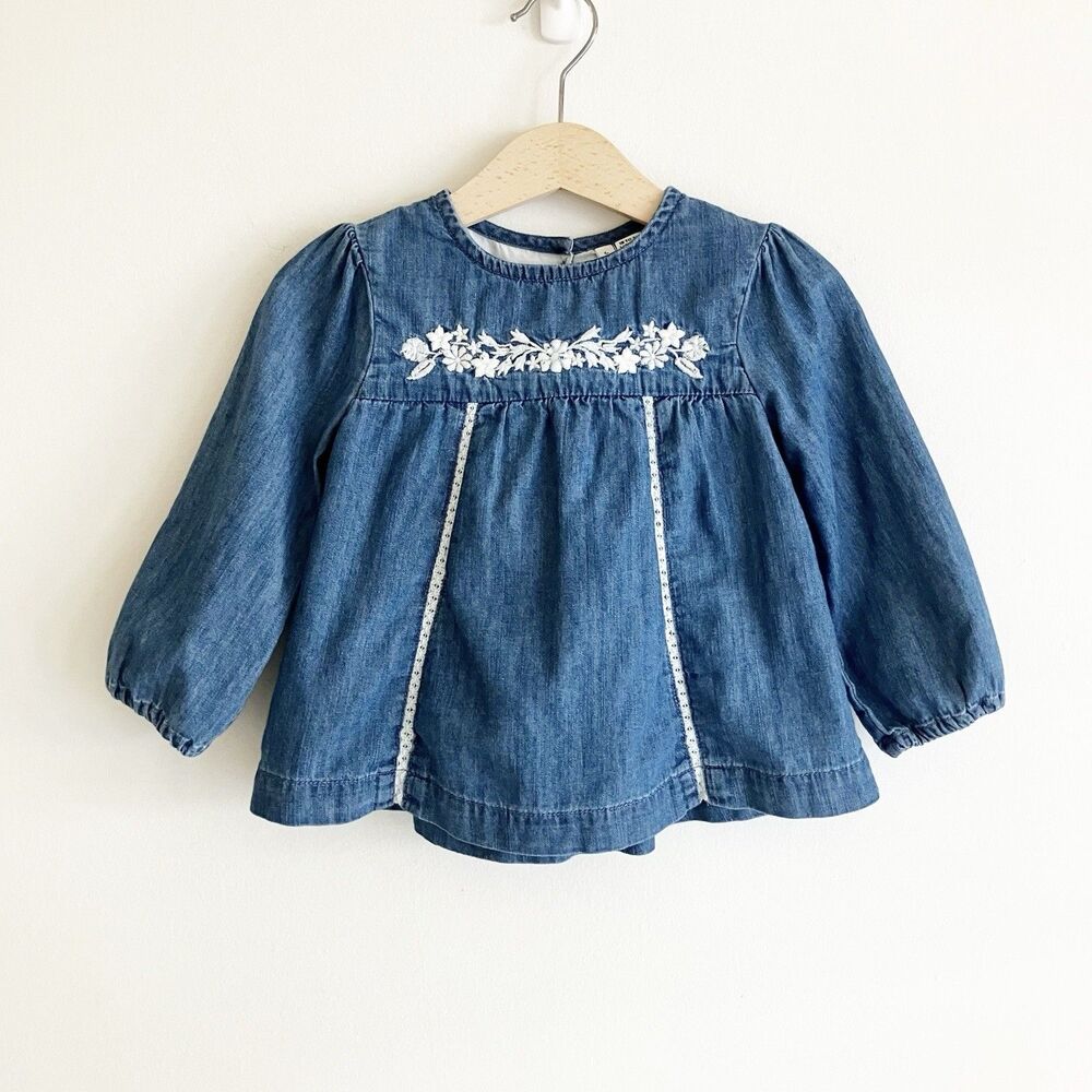 Janie and Jack Chambray Blouse Baby Girl 18-24M Floral Embroidered Long Sleeve